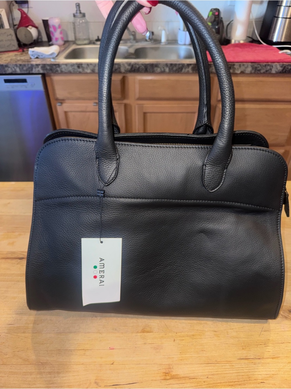 Amerai Leather Black Satchel Tote Bag NWT